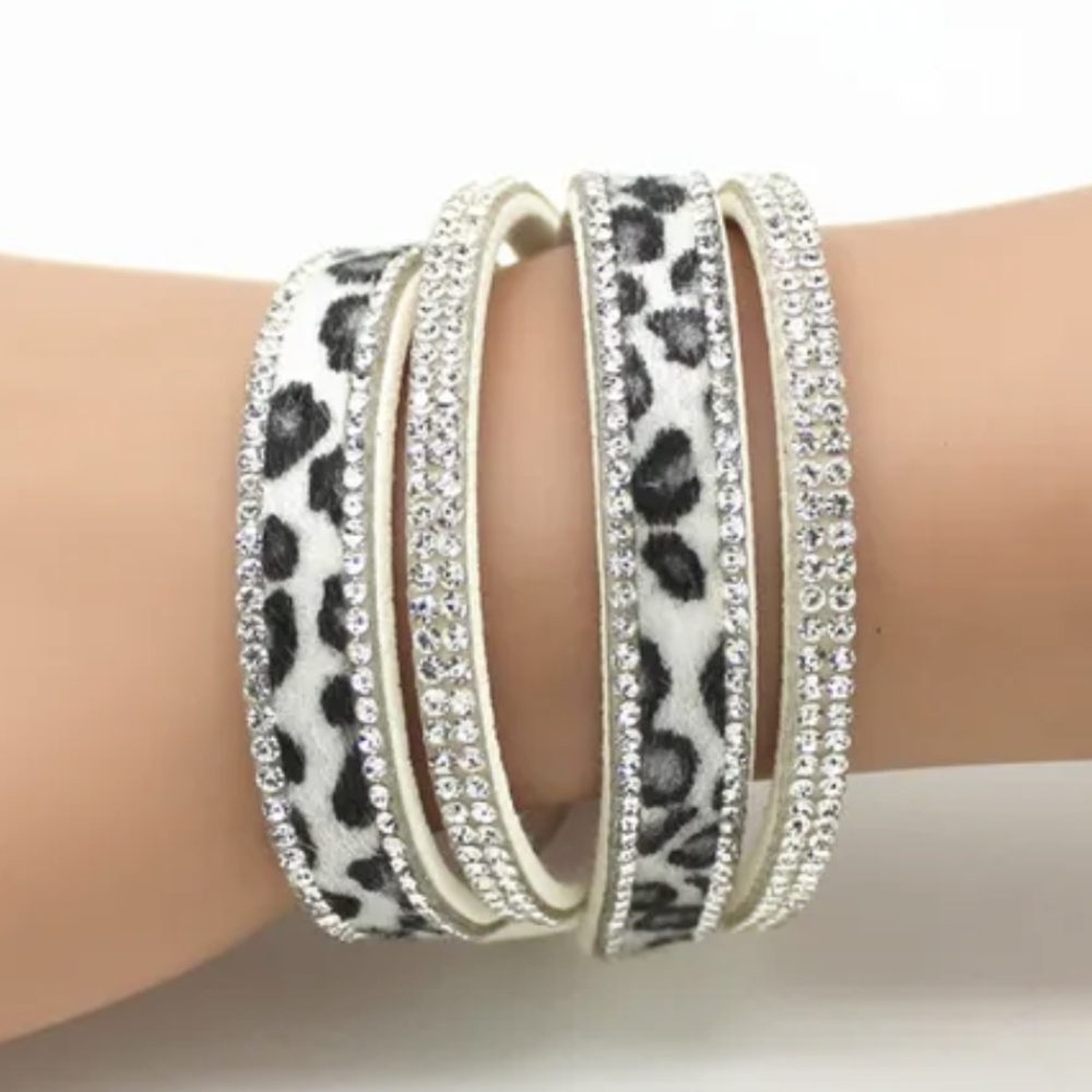 B11 Leopard Print Silver Double Wrap Rhinestone Bracelet Bling White New Cheetah